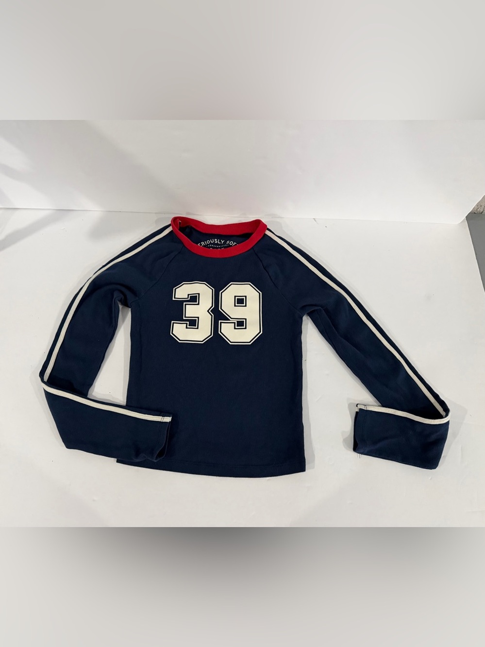 Aeropostale Seriously Soft Baby Tee Navy Blue Striped Long Sleeve Graphic XS